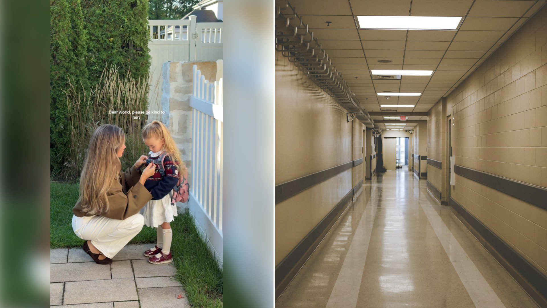 Left: TikTok still of a mom kneeling to hug her daughter in a backyard. Right: a long school hallway (Unsplash photo by Quilia).
