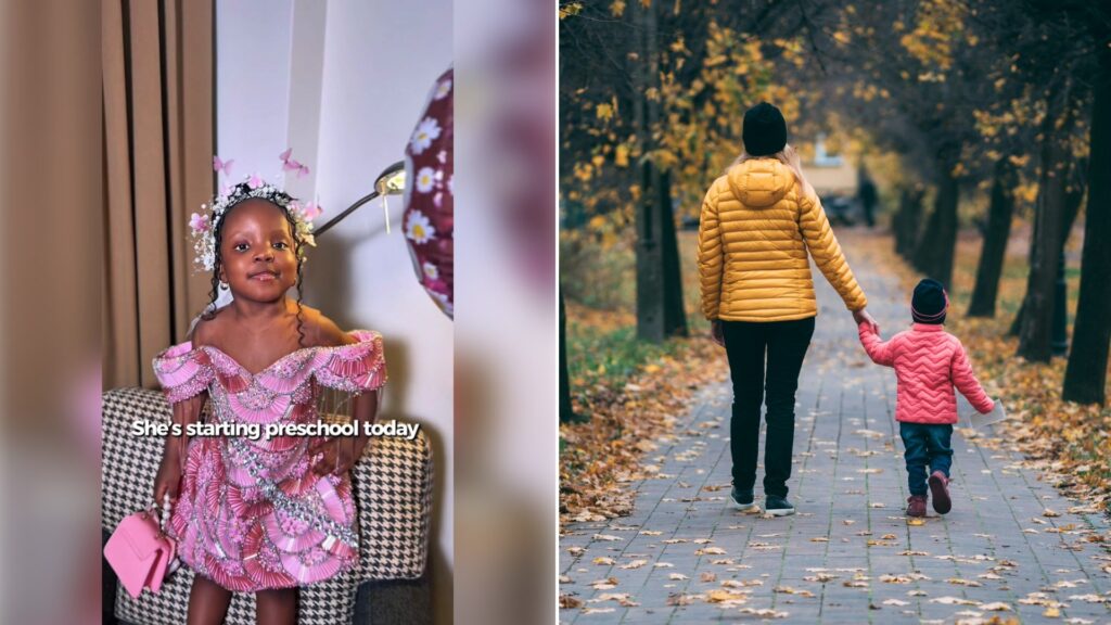Left: TikTok still of a girl in a pink dress and sash on the first day of preschool. Right: an adult walking hand in hand with a child on an autumn path (Unsplash photo by Krzysztof Kowalik).