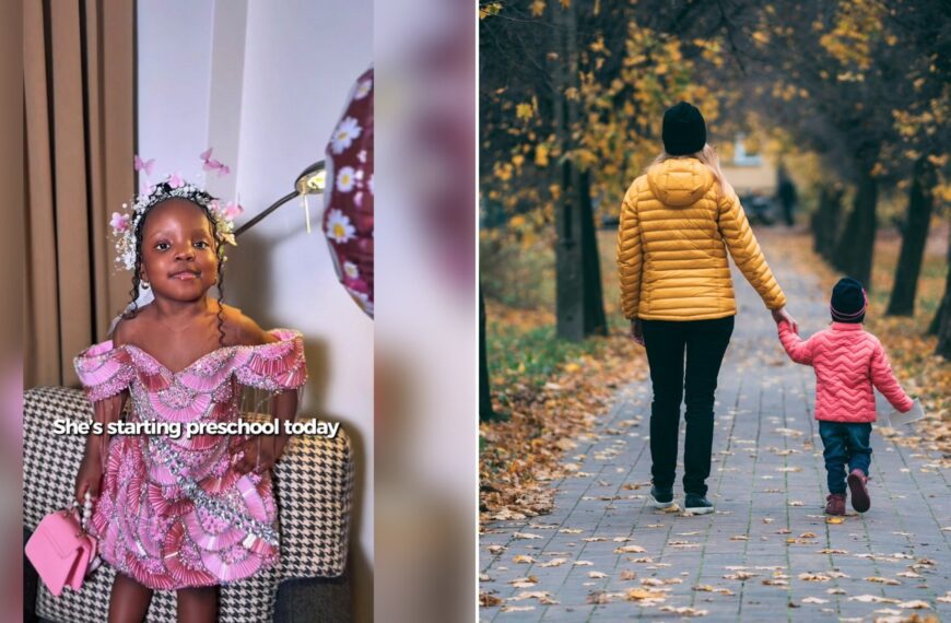 Left: TikTok still of a girl in a pink dress and sash on the first day of preschool. Right: an adult walking hand in hand with a child on an autumn path (Unsplash photo by Krzysztof Kowalik).