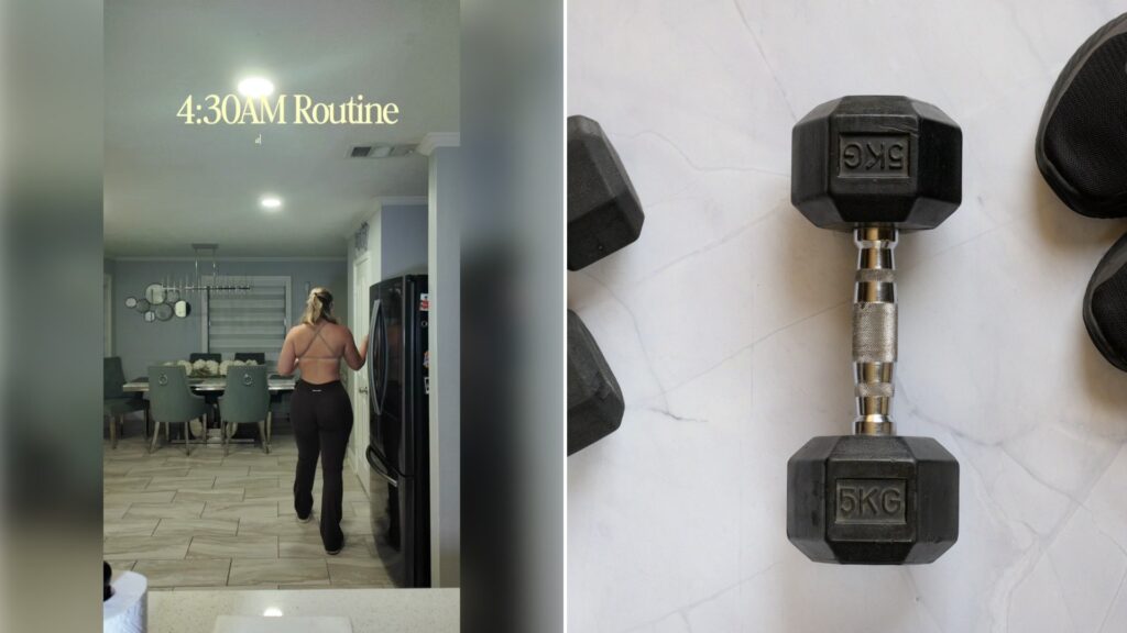 Left: TikTok still of a woman walking through her kitchen for a 4:30 AM routine. Right: a dumbbell on a white floor (Unsplash photo by VD Photography).