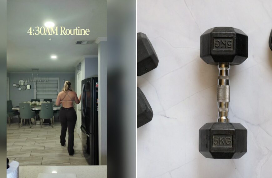 Left: TikTok still of a woman walking through her kitchen for a 4:30 AM routine. Right: a dumbbell on a white floor (Unsplash photo by VD Photography).