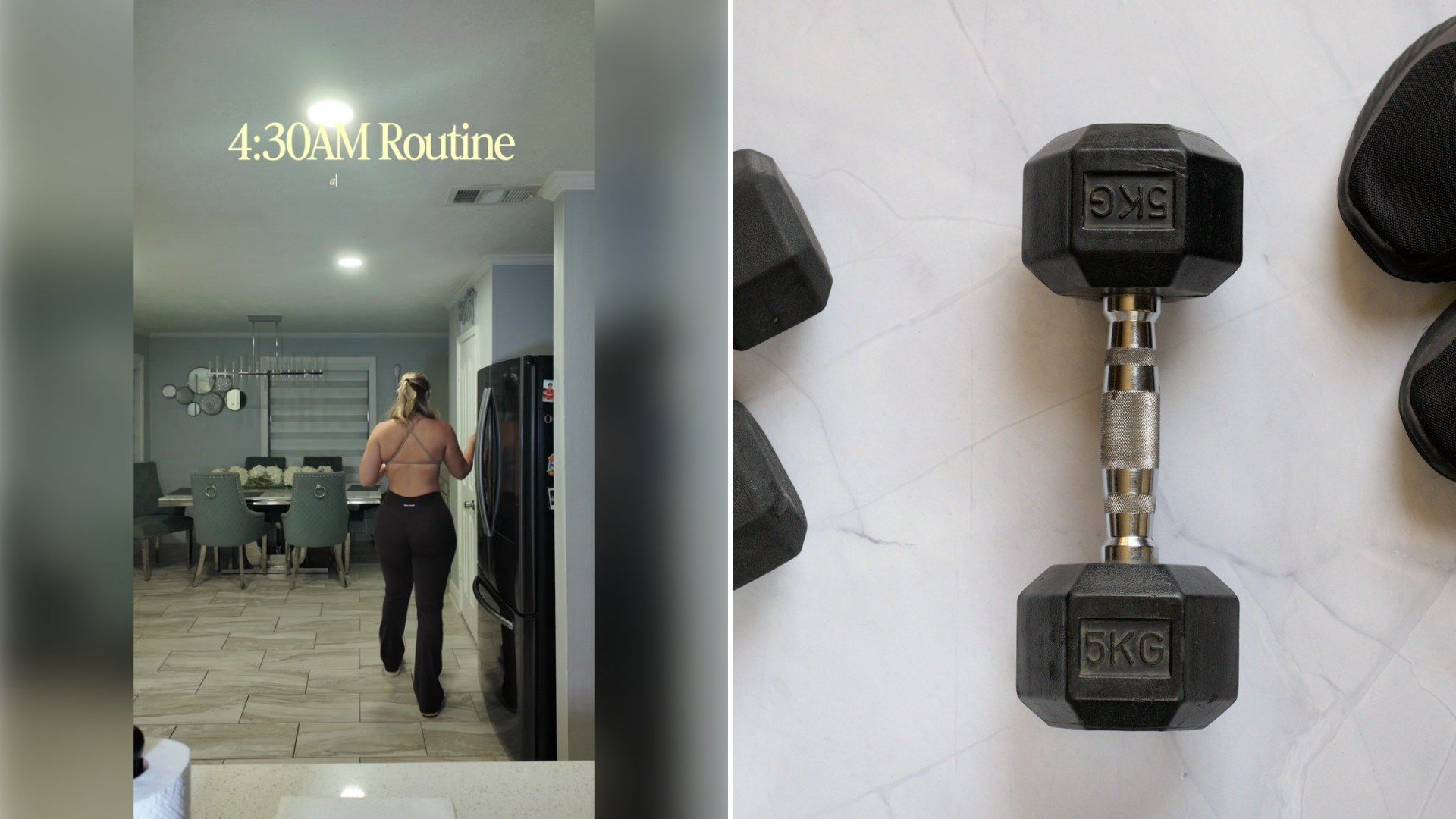 Left: TikTok still of a woman walking through her kitchen for a 4:30 AM routine. Right: a dumbbell on a white floor (Unsplash photo by VD Photography).