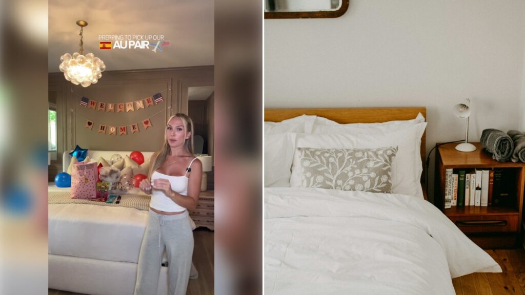 Left: TikTok still of a woman in a decorated guest room. Right: a neatly made bed in a bedroom (Unsplash photo by Annie Spratt).