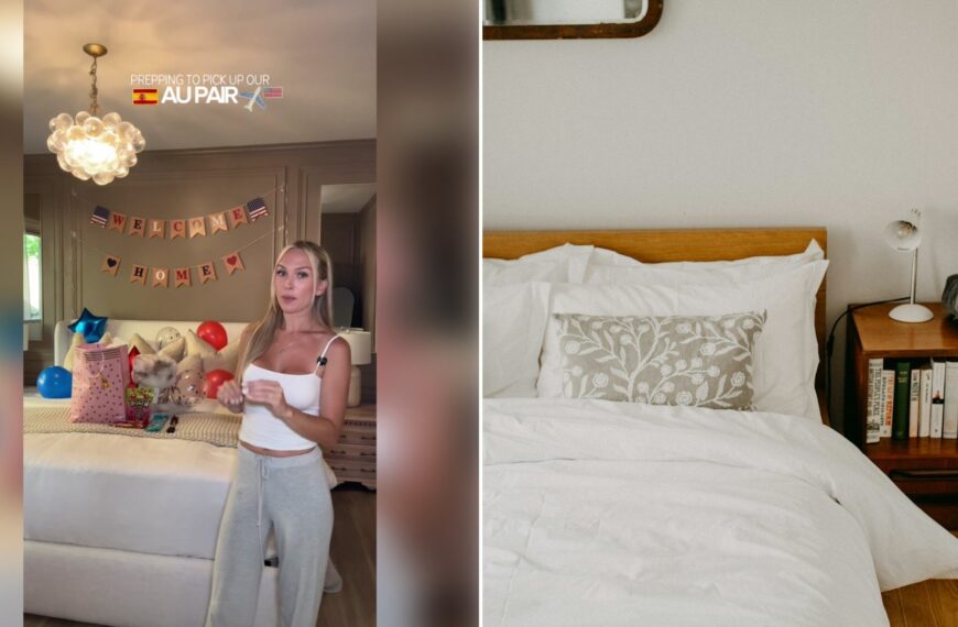Left: TikTok still of a woman in a decorated guest room. Right: a neatly made bed in a bedroom (Unsplash photo by Annie Spratt).