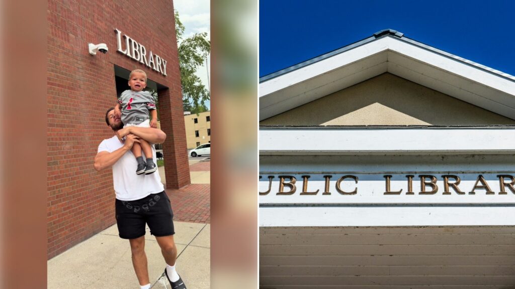 Left: TikTok still of a man holding a toddler outside a library. Right: the front of a public library (Unsplash photo by chris robert).
