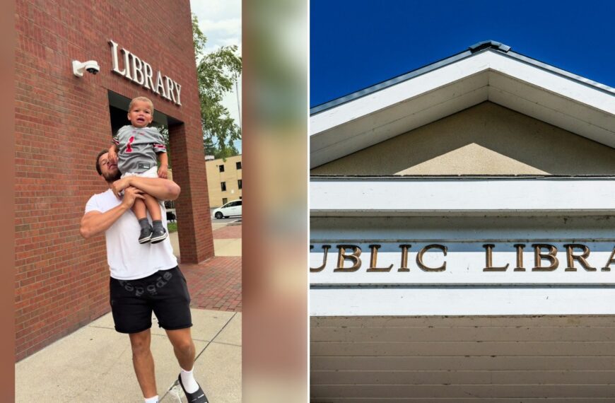 Left: TikTok still of a man holding a toddler outside a library. Right: the front of a public library (Unsplash photo by chris robert).
