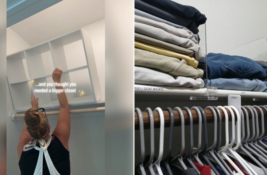 Left: TikTok still of a woman reaching into a white cube closet shelf. Right: clothes folded and hanging in a closet (Unsplash photo by Cabri Caldwell).