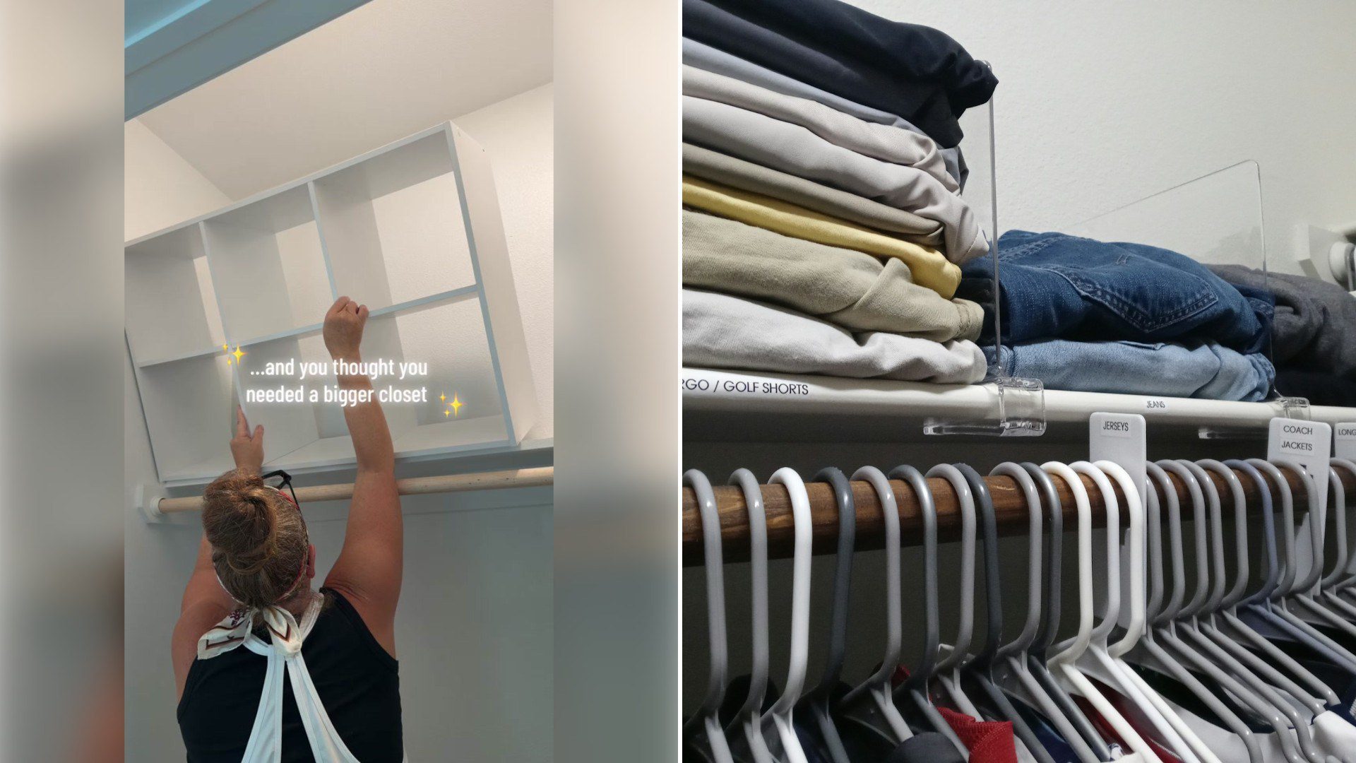 Left: TikTok still of a woman reaching into a white cube closet shelf. Right: clothes folded and hanging in a closet (Unsplash photo by Cabri Caldwell).