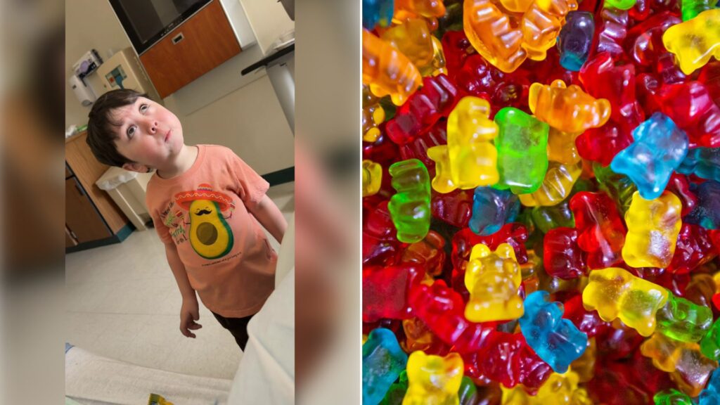 Left: TikTok still of a toddler looking up. Right: gummy bears (Unsplash photo by Amit Lahav).