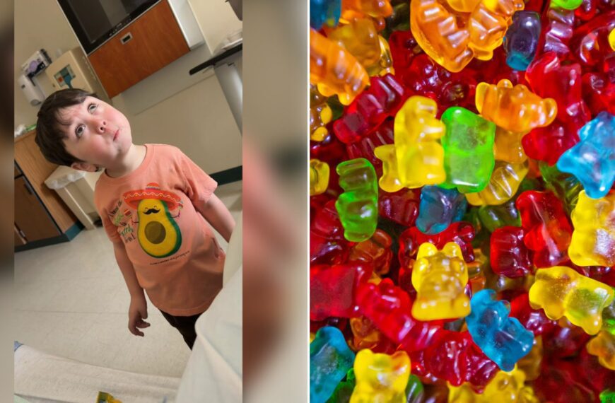 Left: TikTok still of a toddler looking up. Right: gummy bears (Unsplash photo by Amit Lahav).