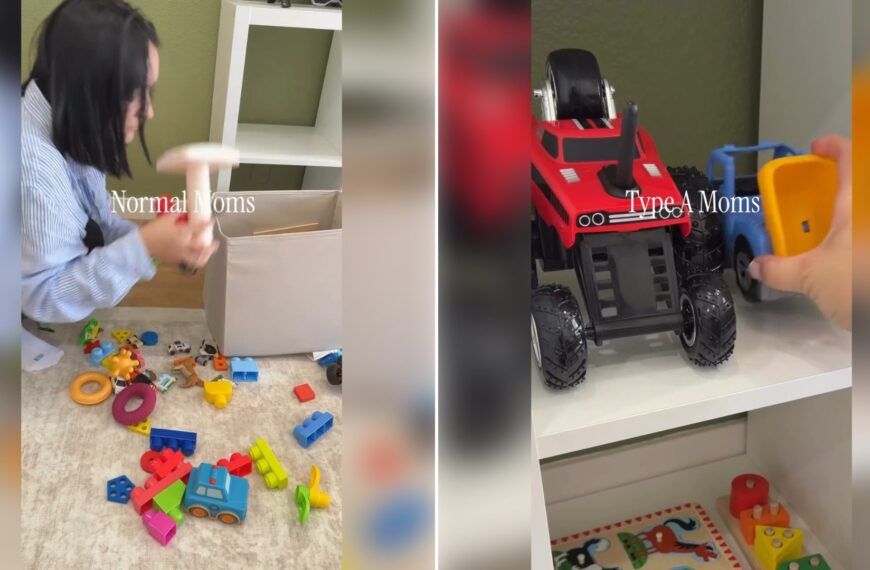 Two moments from an Instagram reel: a mom and child tossing toys into a bin, then neatly organized toy trucks on a shelf.