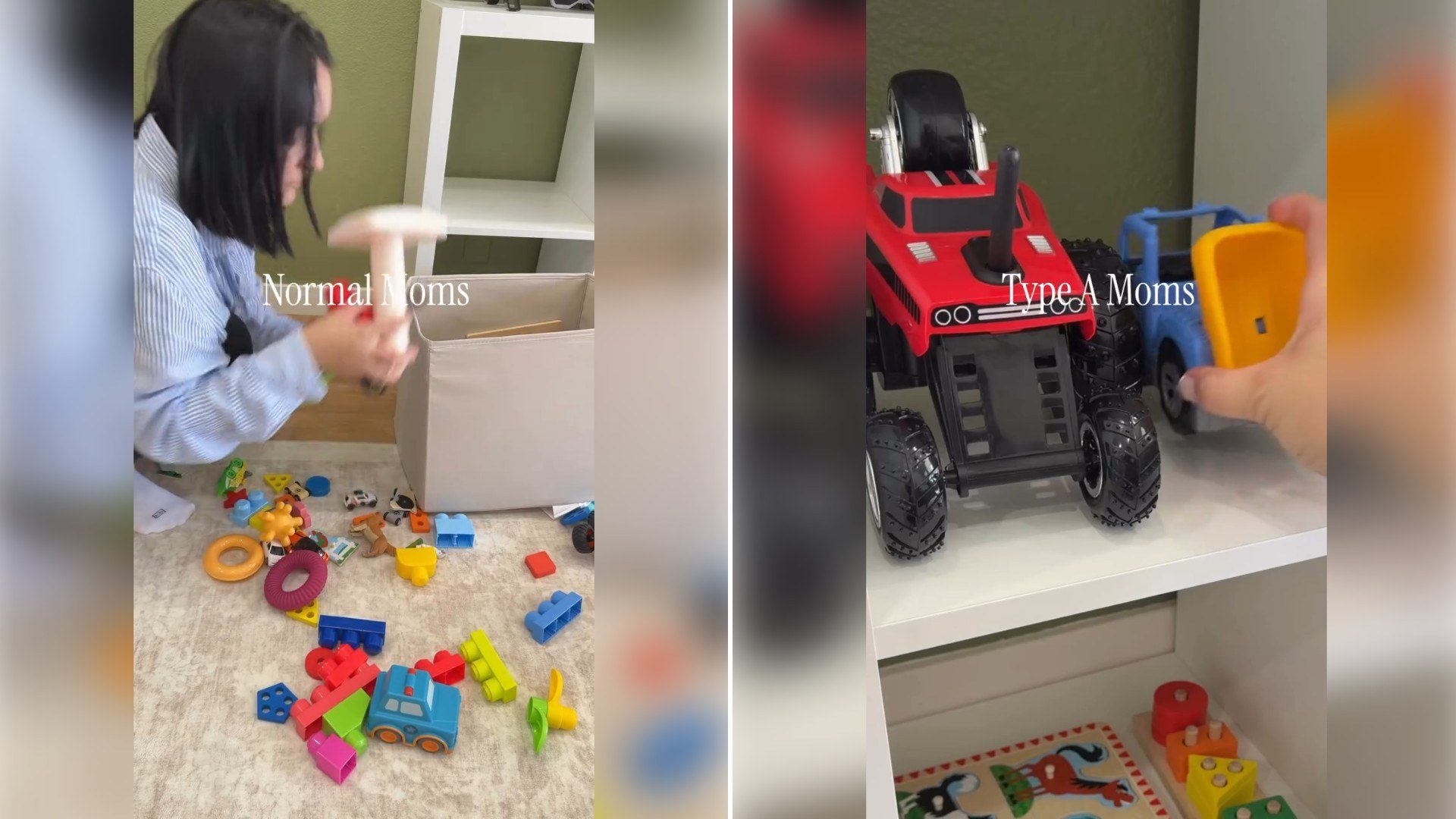 Two moments from an Instagram reel: a mom and child tossing toys into a bin, then neatly organized toy trucks on a shelf.
