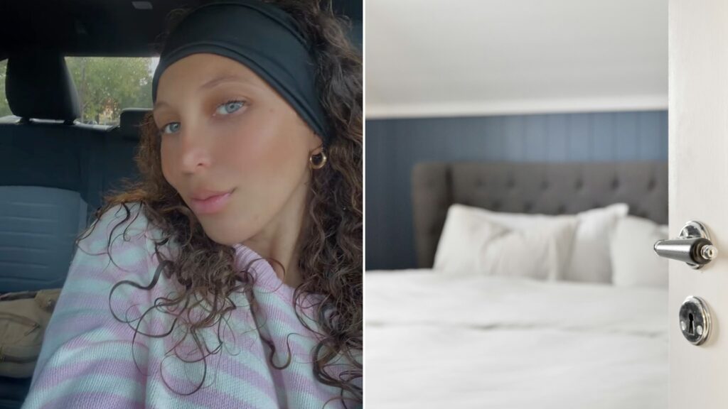 Left: the Instagram reel cover from wildthoughts_podcast showing a woman with curly hair in a black headband in a parked car. Right: a white bed with a tufted headboard seen through an open bedroom door (Unsplash photo by Lisa Anna).