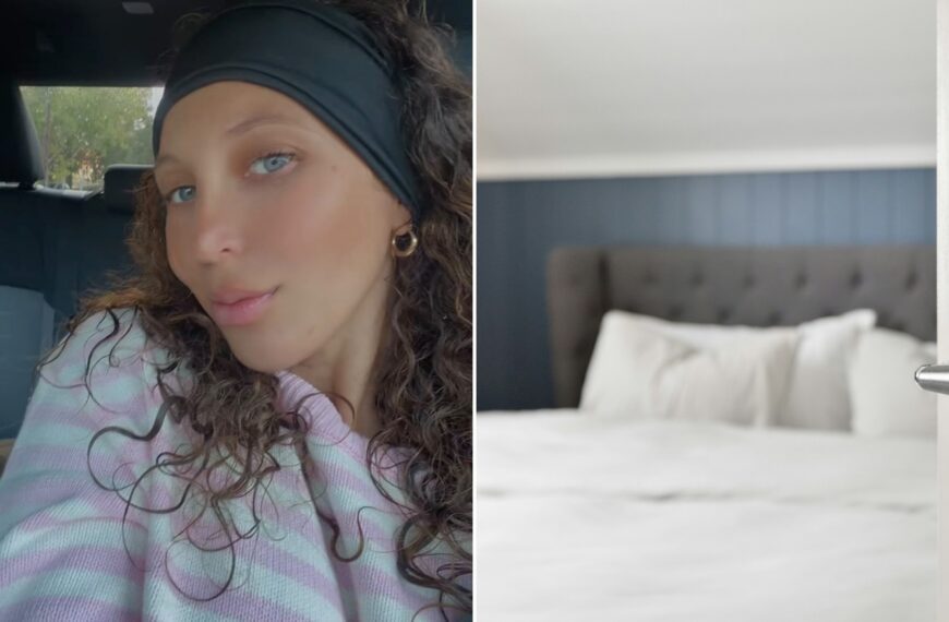 Left: the Instagram reel cover from wildthoughts_podcast showing a woman with curly hair in a black headband in a parked car. Right: a white bed with a tufted headboard seen through an open bedroom door (Unsplash photo by Lisa Anna).