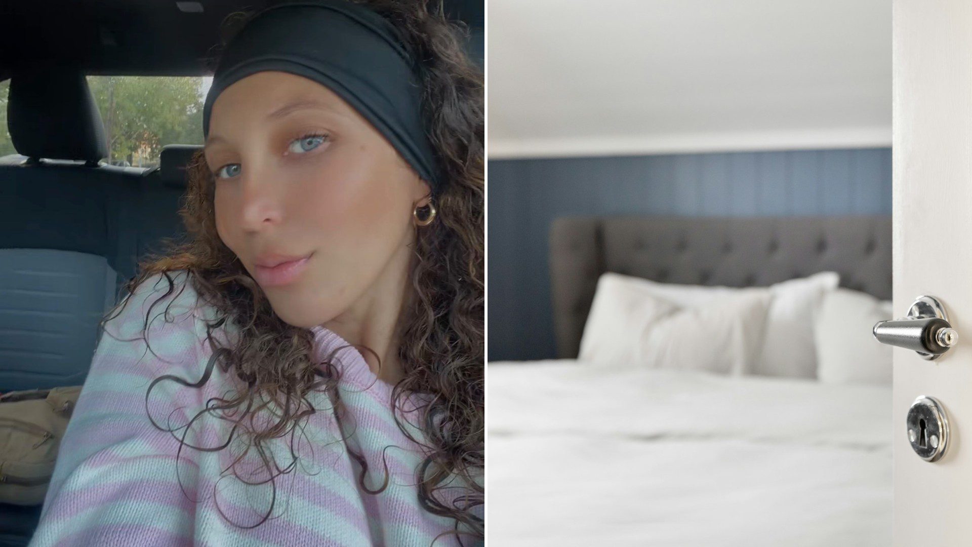 Left: the Instagram reel cover from wildthoughts_podcast showing a woman with curly hair in a black headband in a parked car. Right: a white bed with a tufted headboard seen through an open bedroom door (Unsplash photo by Lisa Anna).