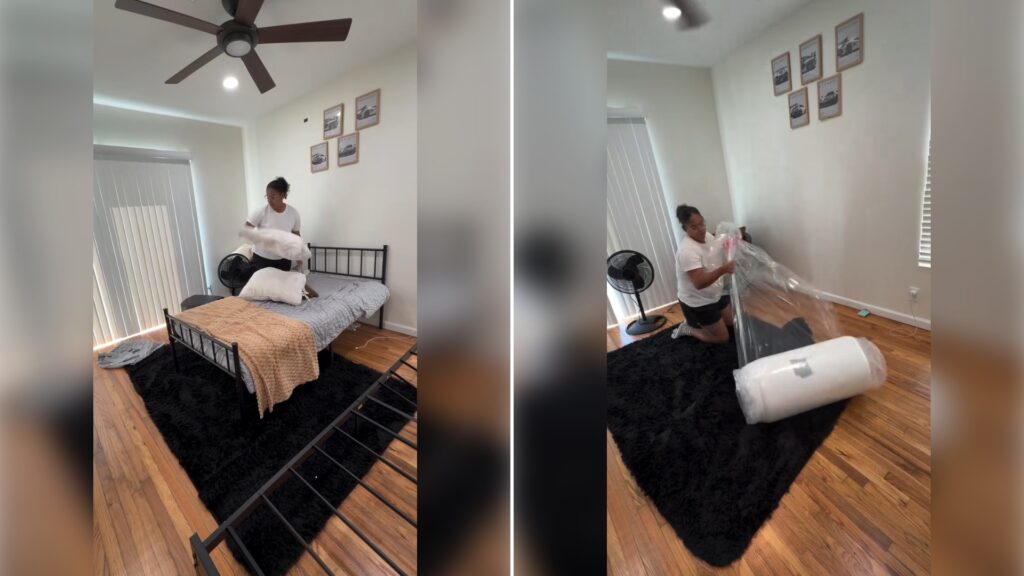 Two moments from an Instagram reel: a woman fluffing pillows on a newly made black metal bed, then her unrolling a new mattress on a black rug in the same bedroom.