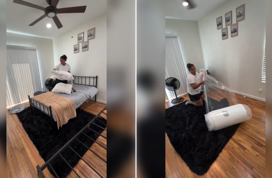 Two moments from an Instagram reel: a woman fluffing pillows on a newly made black metal bed, then her unrolling a new mattress on a black rug in the same bedroom.