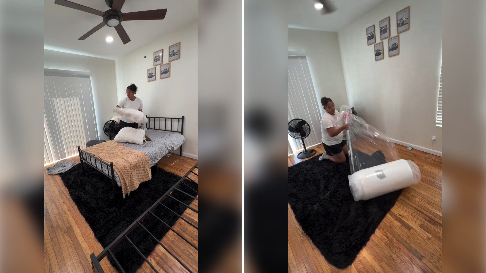 Two moments from an Instagram reel: a woman fluffing pillows on a newly made black metal bed, then her unrolling a new mattress on a black rug in the same bedroom.
