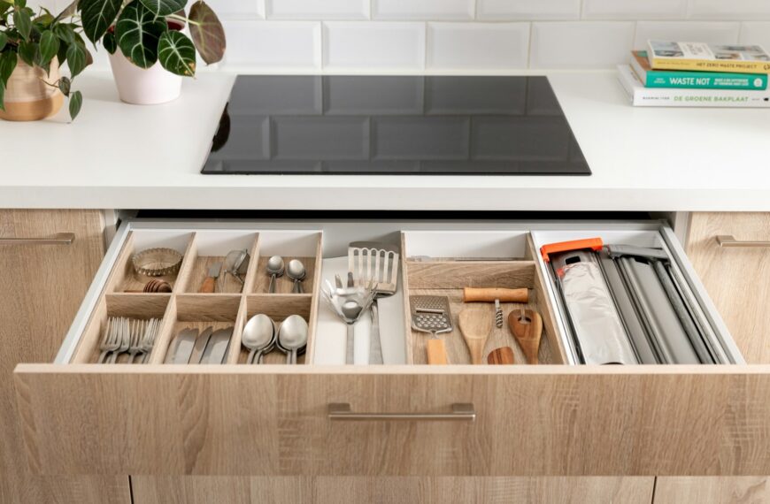 An open kitchen drawer filled with utensils and small tools (Unsplash photo by Orgalux).