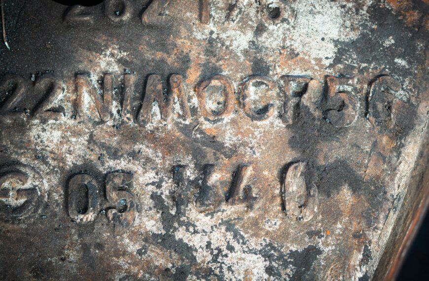 A worn cast iron surface with stamped lettering and numbers (Unsplash photo by Davide Buttani).