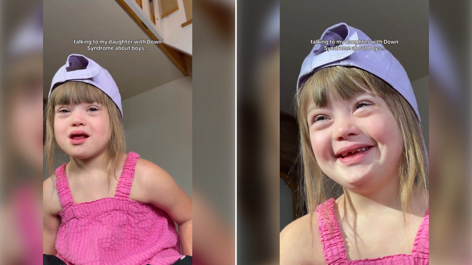 Two stills from an Instagram reel by @thesponslercrew: a girl in a pink top and backwards cap talking, then laughing.
