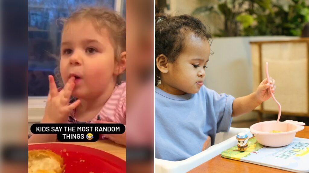 Left: cover still from a TikTok video by @lorenzopaschal. Right: a young child eating with a pink spoon (Unsplash photo by NHN).