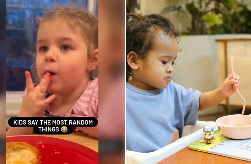 Left: cover still from a TikTok video by @lorenzopaschal. Right: a young child eating with a pink spoon (Unsplash photo by NHN).