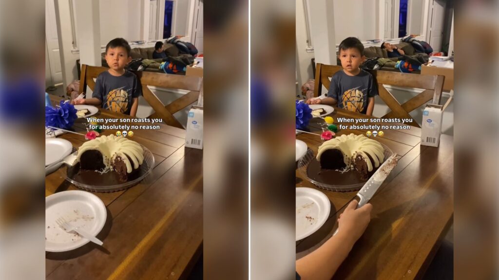 Two stills from an Instagram reel by @chaos_partyof9: a boy seated at a dining table with a bundt cake, then a hand cutting the cake with a knife.