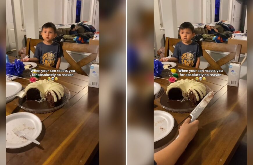 Two stills from an Instagram reel by @chaos_partyof9: a boy seated at a dining table with a bundt cake, then a hand cutting the cake with a knife.
