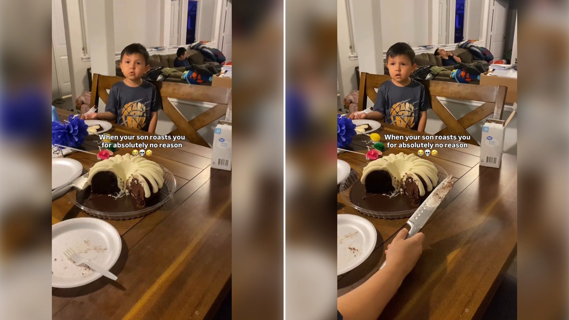 Two stills from an Instagram reel by @chaos_partyof9: a boy seated at a dining table with a bundt cake, then a hand cutting the cake with a knife.