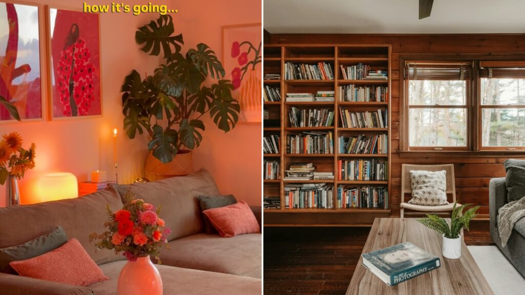 Left: cover still from an Instagram reel by @cozy.renter. Right: a cozy living room with a sofa and plants (Unsplash photo by Clay Banks).