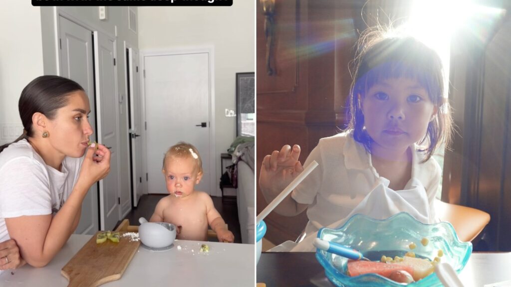 Left: cover still from an Instagram reel by @veronika.fatu. Right: a girl eating at a table (Unsplash photo by kian zhang).