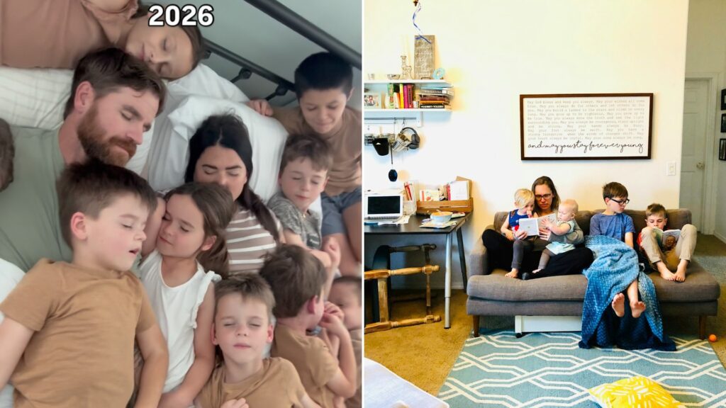 Left: cover still from an Instagram reel by @maxinelee_y. Right: a family resting together on a sofa (Unsplash photo by Brooks Rice).