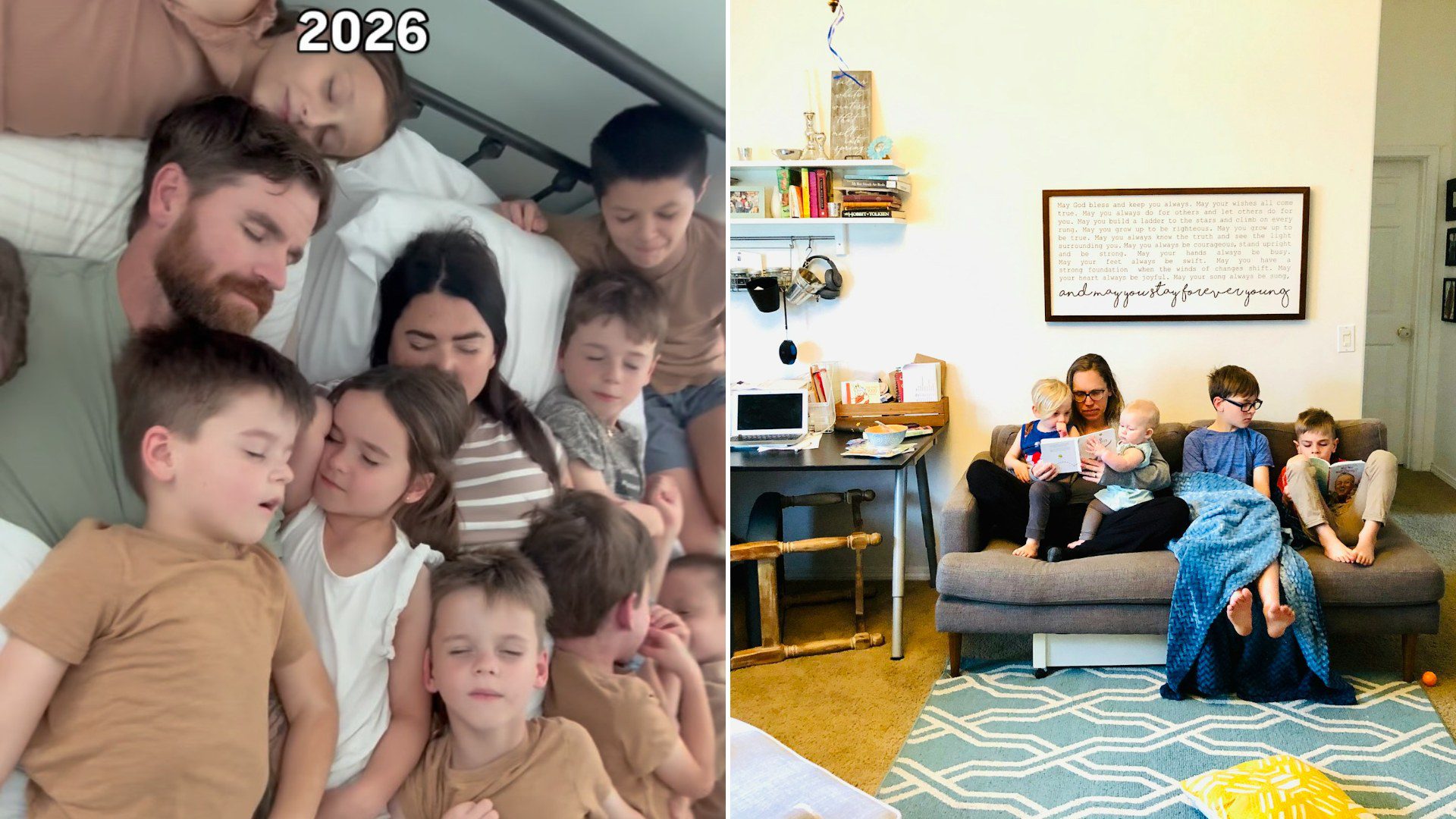 Left: cover still from an Instagram reel by @maxinelee_y. Right: a family resting together on a sofa (Unsplash photo by Brooks Rice).