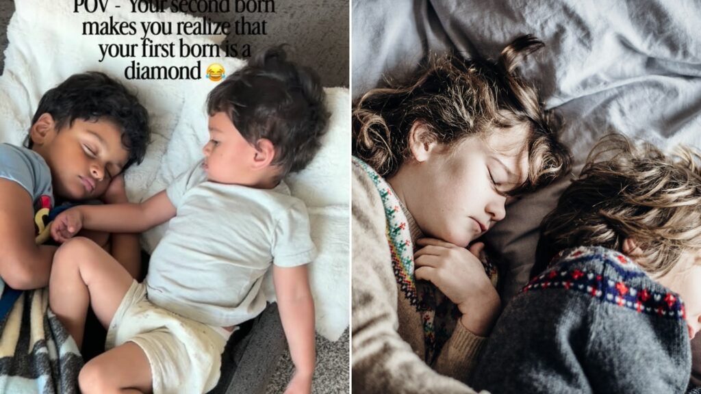 Left: cover still from an Instagram reel by @keepingupwiththekadris. Right: children sleeping together (Unsplash photo by Annie Spratt).