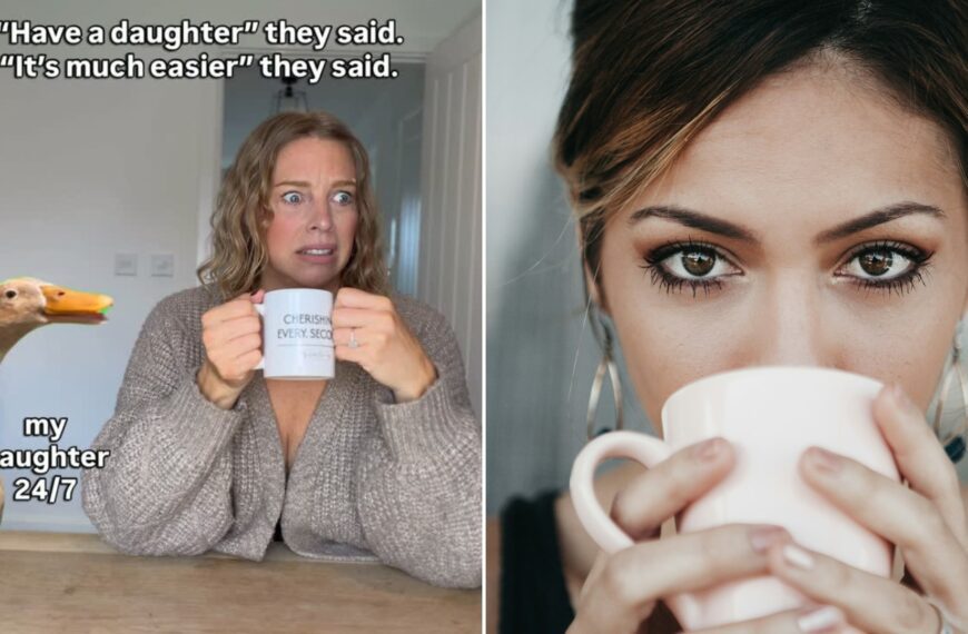 Left: cover still from an Instagram reel by @mykindamum. Right: a woman holding a white coffee cup (Unsplash photo by Candice Picard).