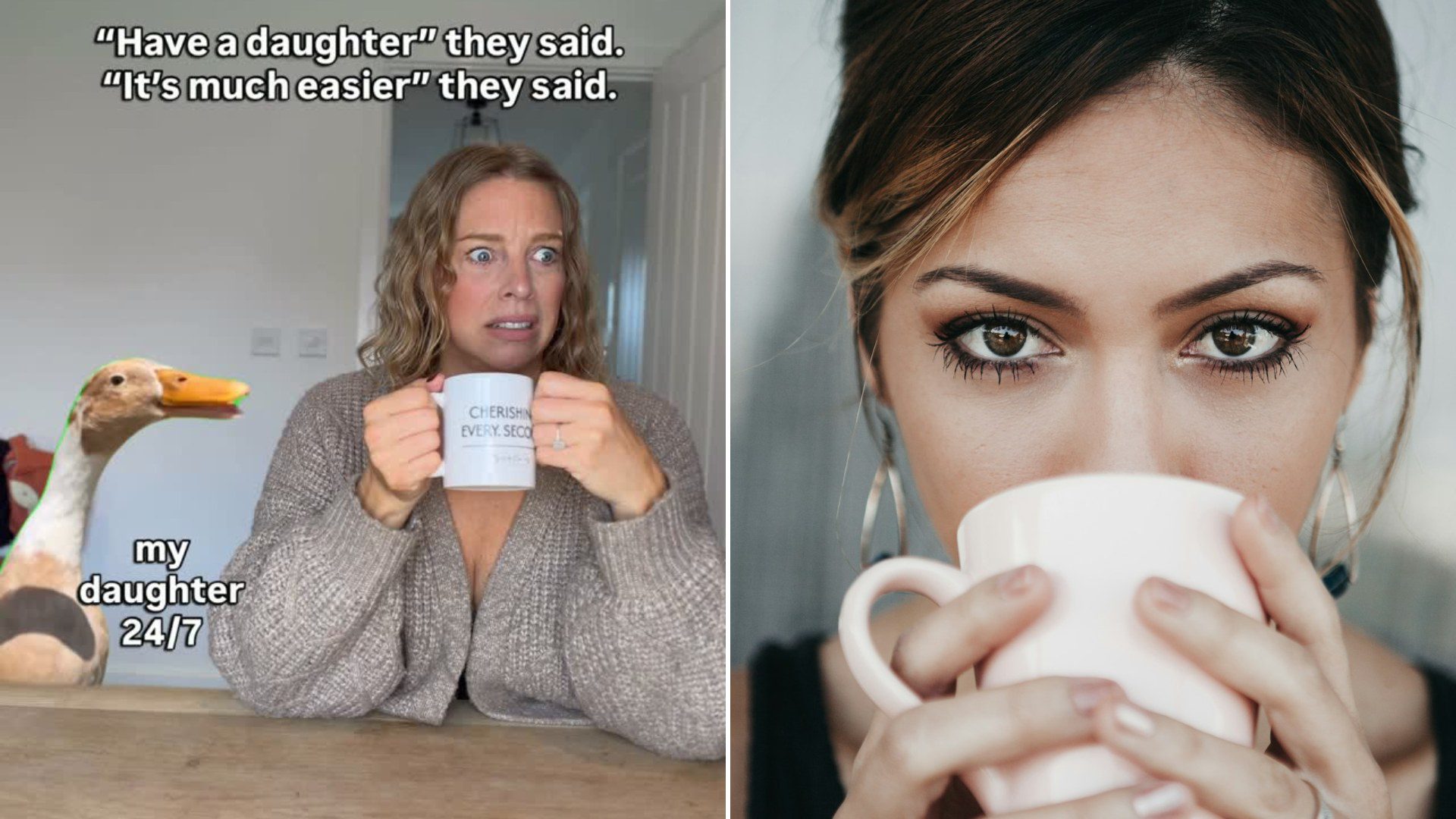 Left: cover still from an Instagram reel by @mykindamum. Right: a woman holding a white coffee cup (Unsplash photo by Candice Picard).
