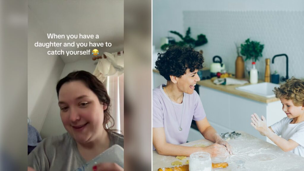 Left: cover still from a TikTok video by @marisatothemoon. Right: a mother and son baking at a kitchen table (Unsplash photo by Vitaly Gariev).