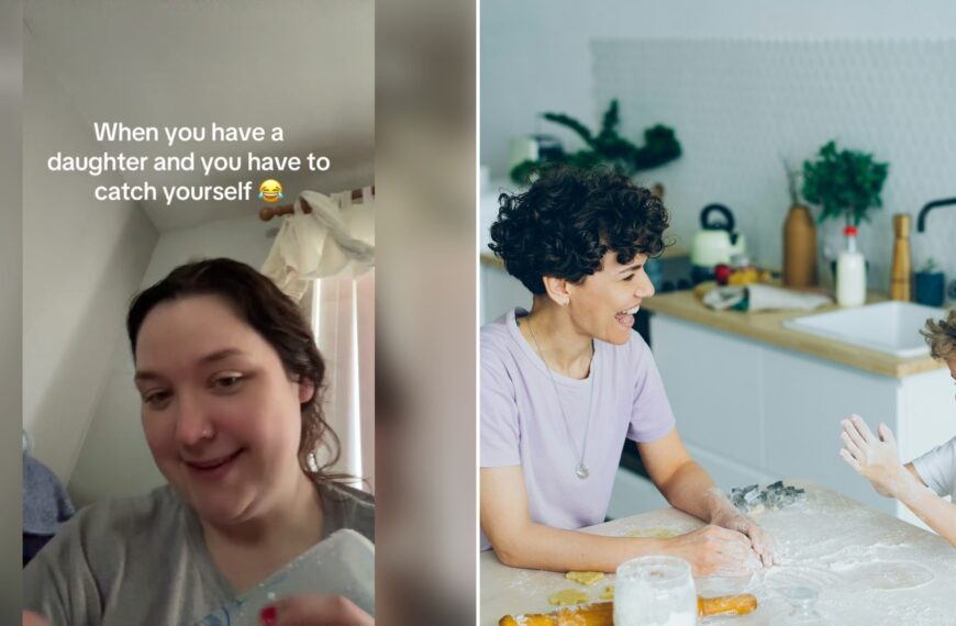 Left: cover still from a TikTok video by @marisatothemoon. Right: a mother and son baking at a kitchen table (Unsplash photo by Vitaly Gariev).