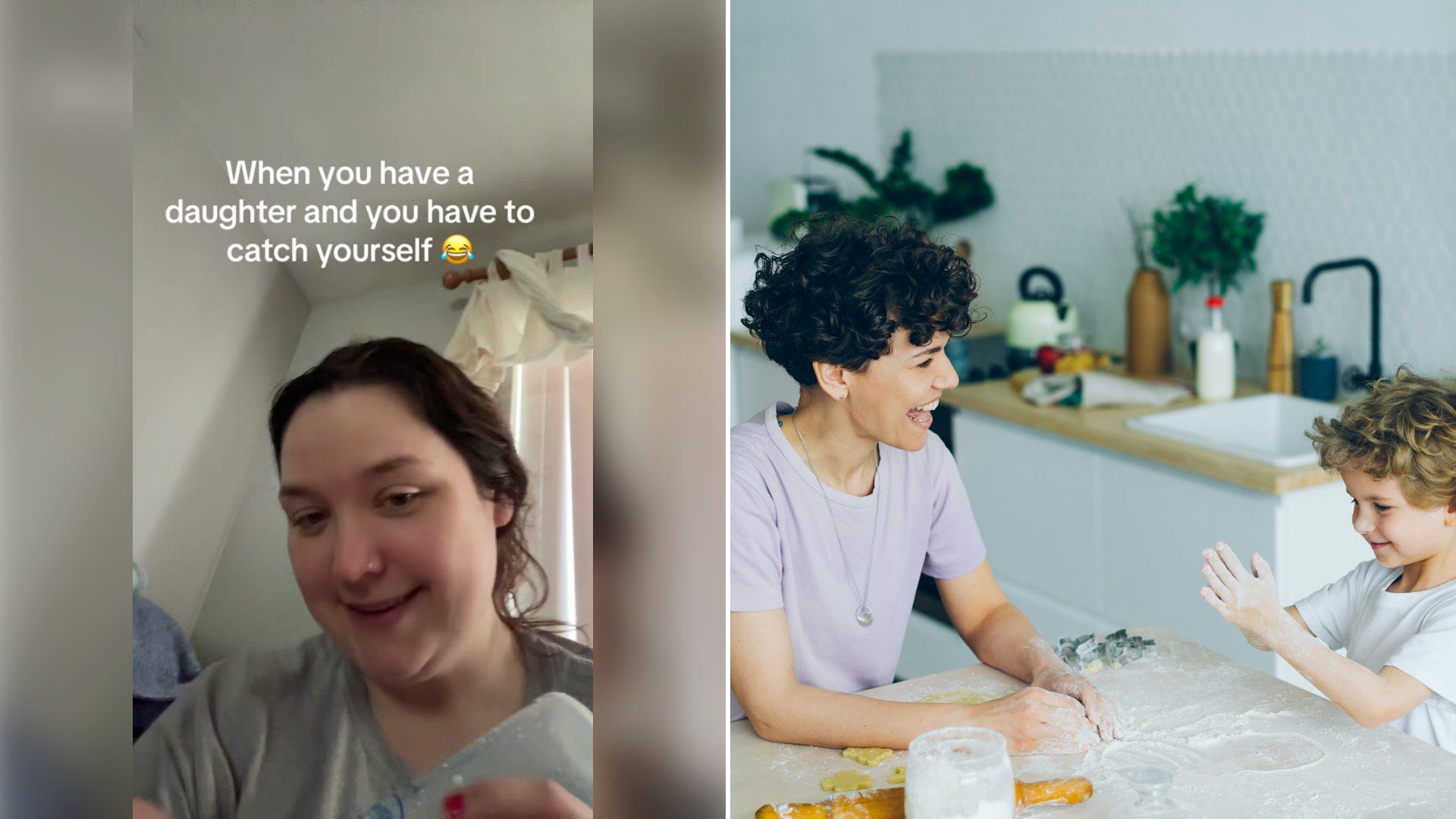 Left: cover still from a TikTok video by @marisatothemoon. Right: a mother and son baking at a kitchen table (Unsplash photo by Vitaly Gariev).