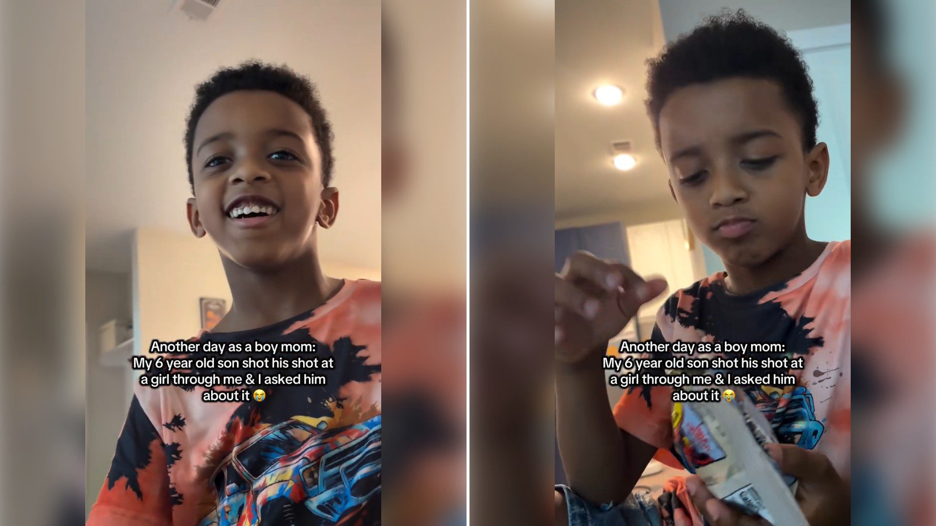 Two stills from an Instagram reel by @nayrosee: a boy in a tie-dye shirt looking at the camera, then looking down at something in his hands.