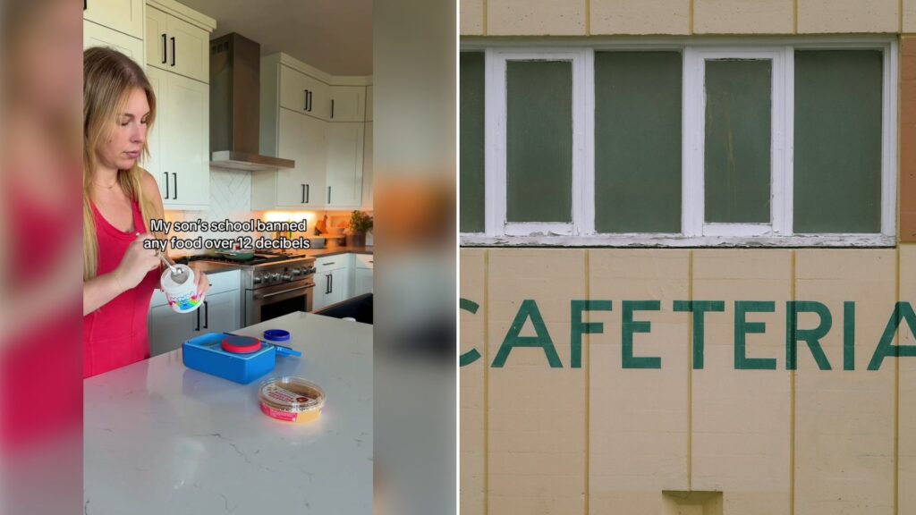 Left: cover still from a TikTok video by @goodbyetwenties. Right: a school cafeteria sign on a building (Unsplash photo by Chelaxy Designs).