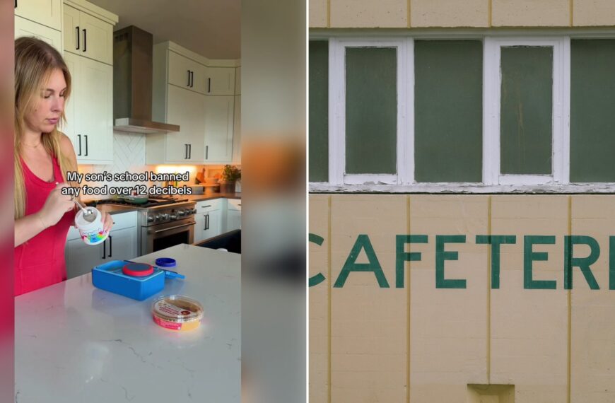Left: cover still from a TikTok video by @goodbyetwenties. Right: a school cafeteria sign on a building (Unsplash photo by Chelaxy Designs).