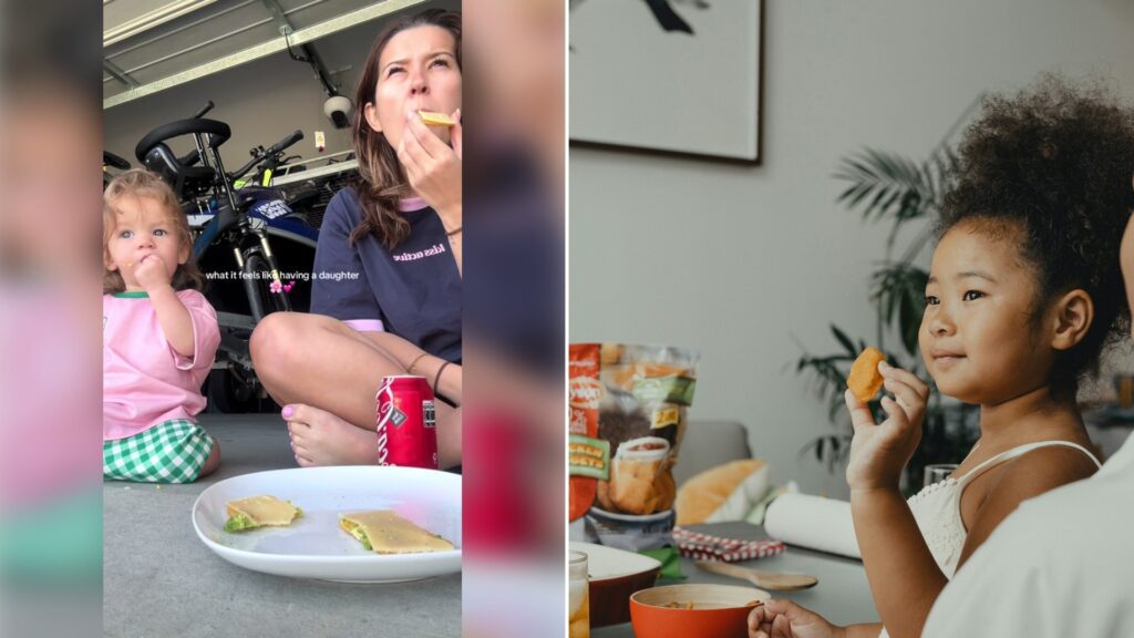 Left: cover still from a TikTok video by @milliesmumma. Right: a woman holding an orange (Unsplash photo by Tyson).
