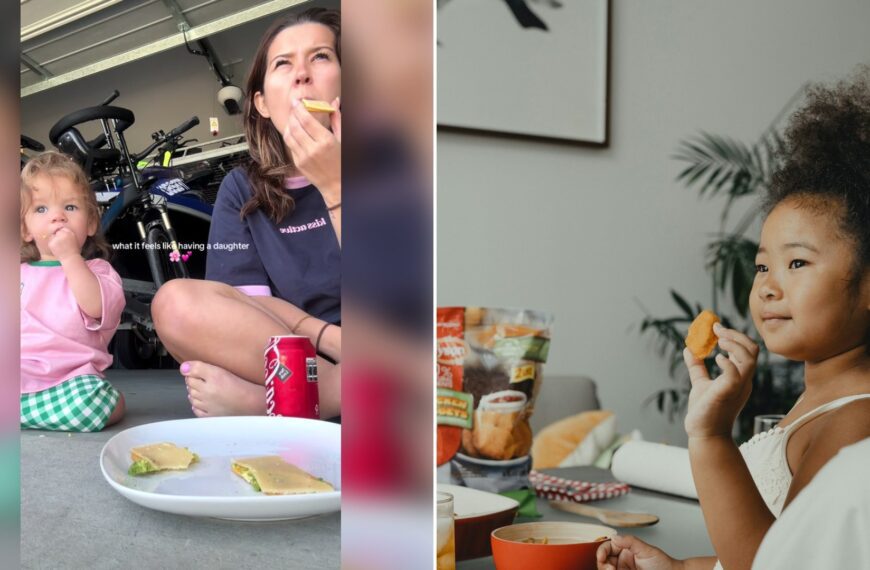 Left: cover still from a TikTok video by @milliesmumma. Right: a woman holding an orange (Unsplash photo by Tyson).