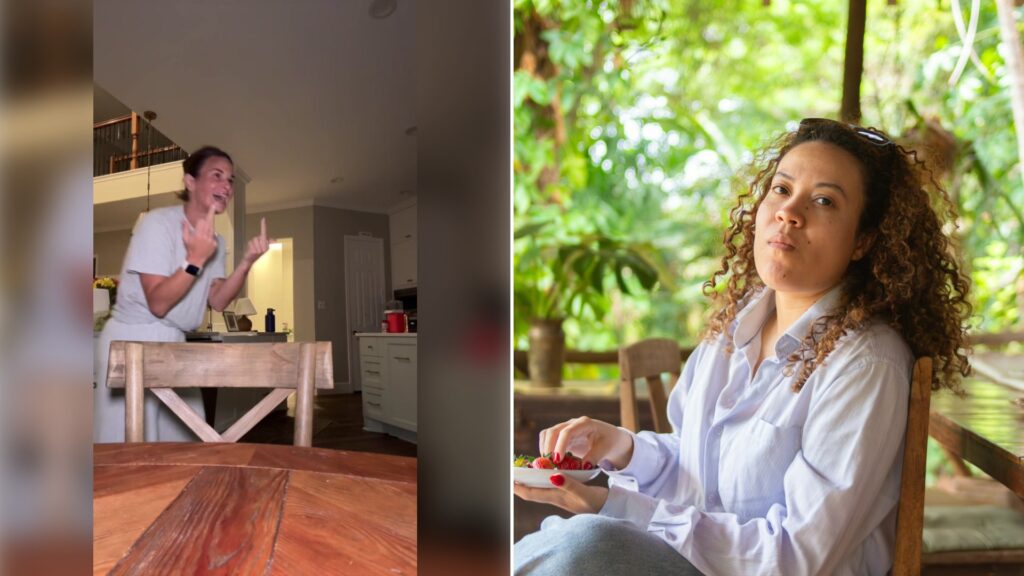 Left: cover still from a TikTok video by @maggieeatsss. Right: a young woman sitting on a veranda with berries (Unsplash photo by Bruno Dias).