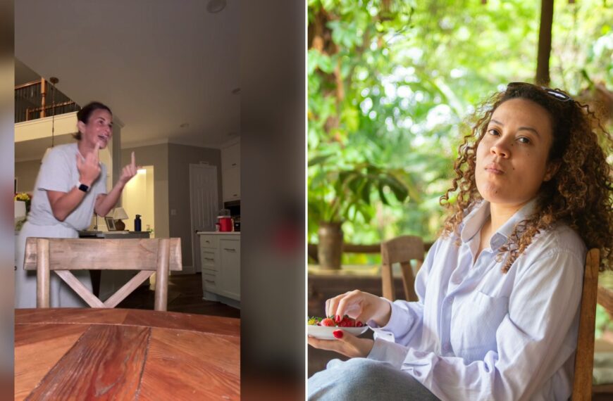 Left: cover still from a TikTok video by @maggieeatsss. Right: a young woman sitting on a veranda with berries (Unsplash photo by Bruno Dias).
