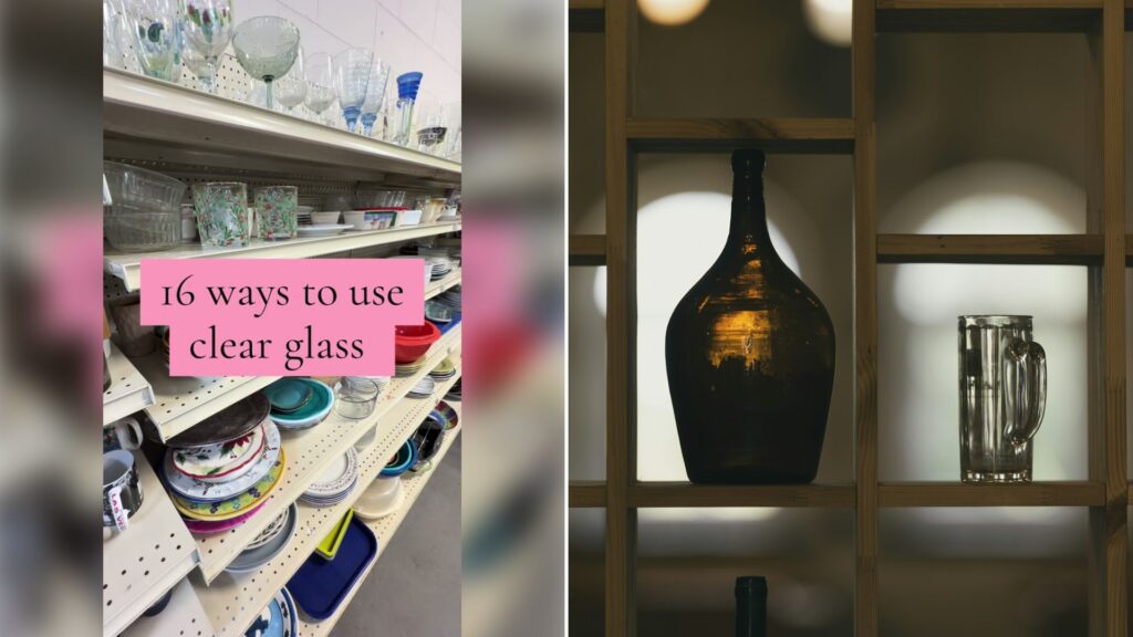 Left: cover still from a TikTok video by @candy_thrifts. Right: a glass bottle and mug on a shelf (Unsplash photo by Alexandr Popadin).