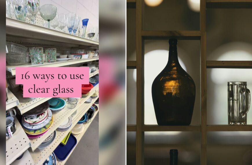 Left: cover still from a TikTok video by @candy_thrifts. Right: a glass bottle and mug on a shelf (Unsplash photo by Alexandr Popadin).