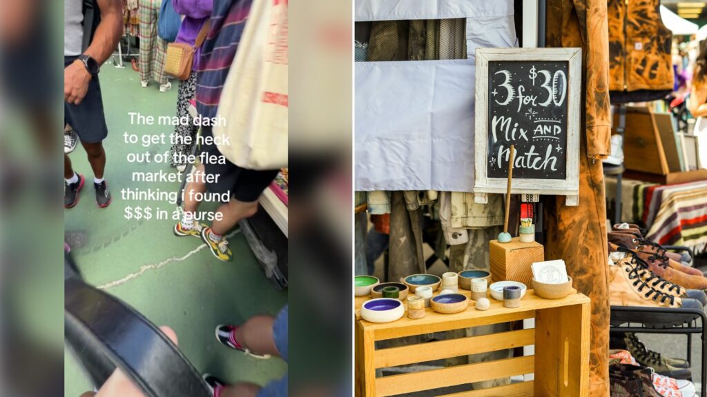 Left: cover still from a TikTok video by @bus.queen. Right: a sign on a wooden stand at a market (Unsplash photo by Anastasiya Badun).